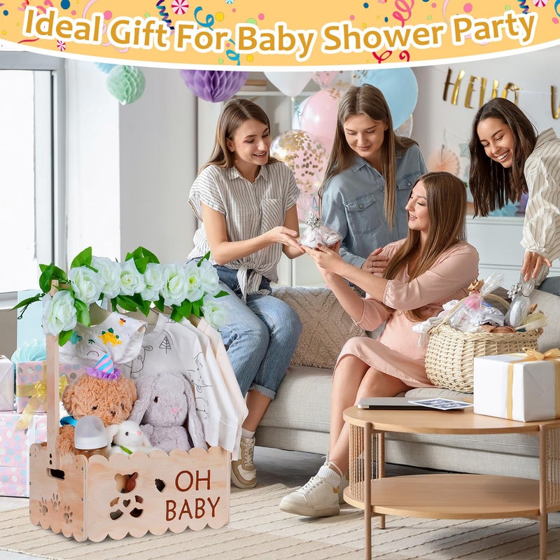 efluky Wooden Baby Shower Crate Closet with Handle,Storage Basket,Baby Clothes Hangers, Newborn Boy Girl Welcome Gift Basket,Easy Assembly Baby Baskets for Baby Shower - Image 2